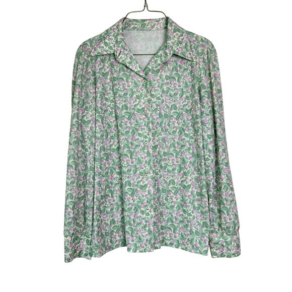 Vintage green purple clover flower print long sleeve button up blouse LARGE - Picture 1 of 5